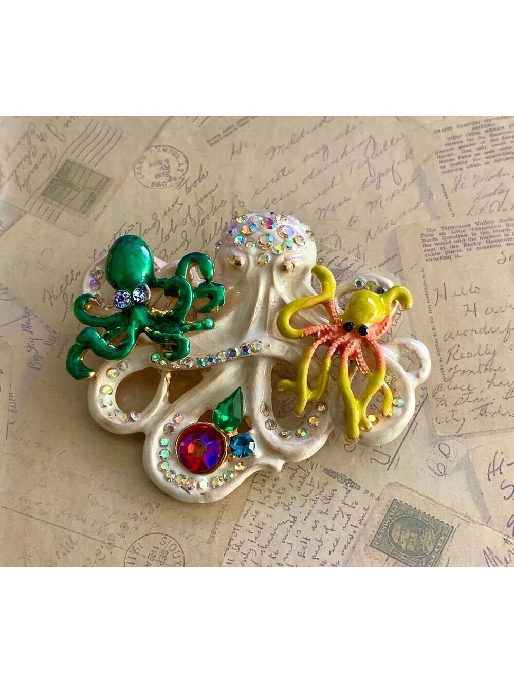 Nautical Marine Enamel Rhinestone Whimsical Octopus Coral Reef Brooch Pin